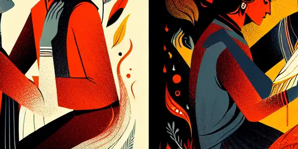 A split scene contrasting romantic intimacy with passionate embrace on one side and intense, primal energy on the other.<a href=