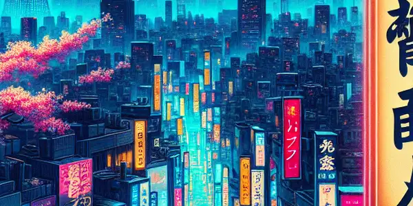 A vibrant Tokyo cityscape at dusk, featuring a cinema marquee and a couple under cherry blossoms.