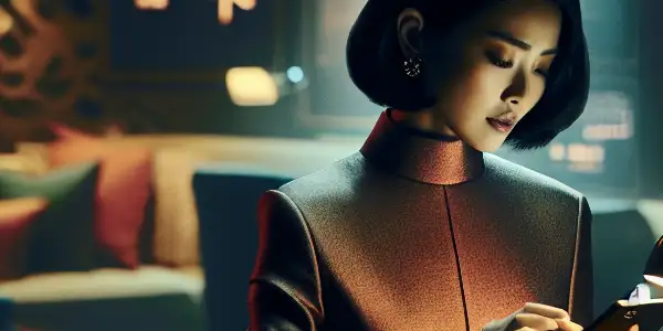 A confident female spy in a luxurious hotel room, surrounded by high-tech gadgets, exuding intrigue and allure.