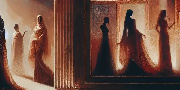 An intimate room featuring diverse silhouettes in suggestive poses, surrounded by soft fabrics and romantic elements.