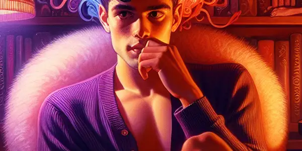 A young adult in a cozy room surrounded by seductive books, conveying curiosity and discomfort amidst a playful atmosphere.